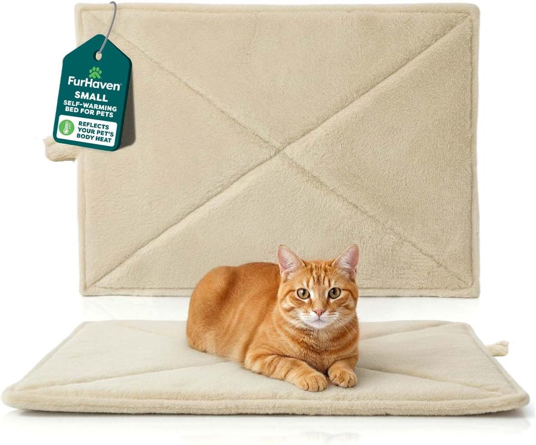 FurHaven ThermaNAP Self Warming Cat Mat, Dog Bed for Crates with Self-Warming Technology for Cozy Rest, Fully Machine Washable, Small, Plush Faux Fur, Cream Small - 22"L x 17"W