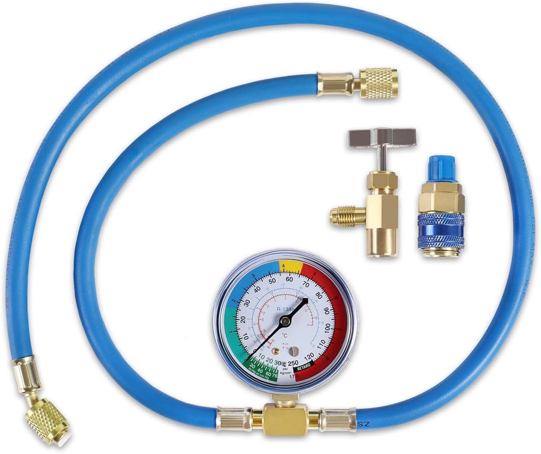 AC U Charge Hose with Gauge Car Refrigerant R134a Recharge Tool Kit Auto Air Conditioner Charging Hose 250PSI Low Pressure Meter Brass 1/4" Female Parts R134a Can Tap Quick Coupler