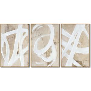 Zessonic Neutral Abstract Wall Art Minimalist White Brown Pastel Paint Strokes Shapes Textured Framed Wall Decor Artwork Canvas Paintings- Living Room Bedroom Office Modern Neutral 16"x24" 3 piece