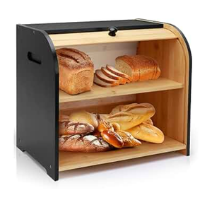 Thalomely Bread Box for Kitchen Countertop, Double Layer Bamboo Bread Storage Container for Homemade Bread, Roll Top Bread Box with 3 Adjustable Height for Kitchen Counter, Black Breadbox Organizer