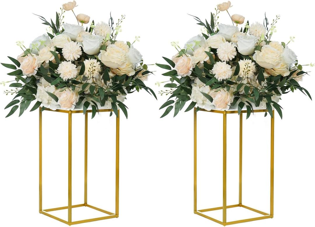 YALLOVE 2 Pack 15.75 Inch Gold Wedding Flower Stand Metal Vase Column Stand Geometric Centerpiece Vase for Home Party Wedding Decorations, Rectangular Flower Display Rack