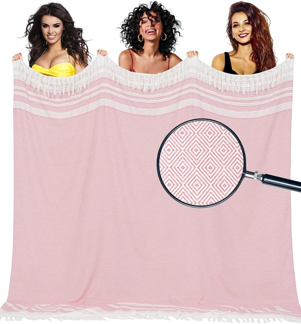 Oversized Turkish Beach Towel Blanket Cotton Giant XL Sandproof Towels Huge Linen XXL Extra Large Big Throw Quilt Blankets for Adults Cloud Travel Camping Glamping Accessories Essentials (Extra Large 82"x88"208x224cm, Pink)