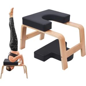 Yoga Headstand Bench, Yoga Inversion Chair, Headstand Trainer with Wood Frame and Pu Pad,Stand Yoga Chair Stress Relief, Balance Training, Body Shaping, Load Capacity 300 Pounds (Black)