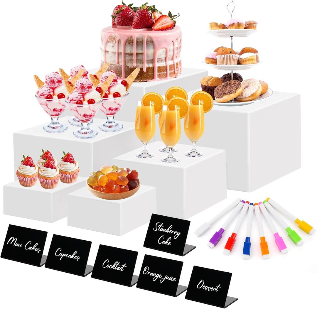 Draupnir 6 Pcs Food Risers for Display Party Included Mini Sign and Makers, 5 Sizes Hollow Acrylic Buffet Risers with Bottoms, White Catering Dessert Jewelry Collectibles Boxes(4",4",5",6",7",8")