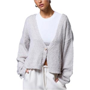 Milumia Women's Deep V Neck Fuzzy Cardigan Casual Drop Shoulder Long Sleeve Oversized Knitted Sweaters (Light Grey)