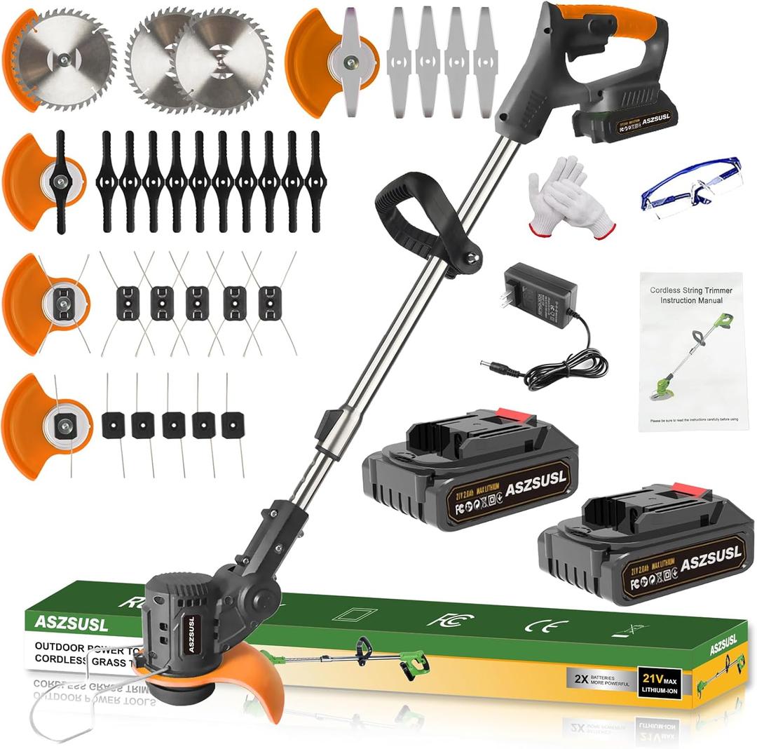 Stringless Weed Wacker Electric, 21V Battery Powered Weed Eater with 2 * 2.0Ah Battery, Charger & 5 Types Blade Lightweight Grass Trimmer for Garden Yard Lawn Work