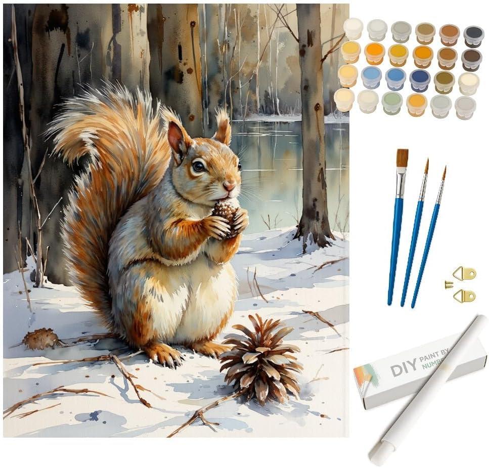 Wildlife Paint by Numbers Kit for Adults - DIY Squirrel in Snowy Forest Painting on Rolled Canvas 16x20 Inches, Acrylic Paint Set, Suitable for Beginners, Art for Home Decoration or Gifts