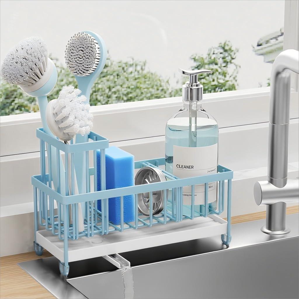 Cisily Sponge Holder for Kitchen Sink, Sink Caddy Organizer with High Brush Holder, Kitchen Countertop Organizers and Storage Essentials, Rustproof 304 Stainless Steel (Blue, 9.25)
