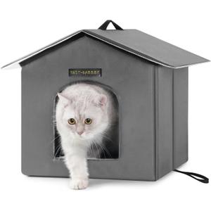 Rest-Eazzzy Outdoor Cat House, Feral Cat House Insulated with Mat and Clip, Weatherproof and Insulated, Cat Beds for Cats Kittens Puppies, Never Blow Away (Grey, S 13" X 13" X 14")