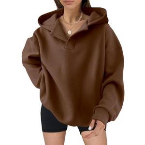 ZOCANIA Womens Hoodies Pullover Long Sleeve V Neck Sweatshirt Women Drop Shoulder Solid Color Women's Hoodie Casual Tops (Medium, Coffee)