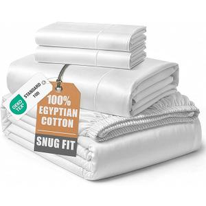 100% Egyptian Cotton Sheets Queen Size - Naturally Cooling & Breathable 4 Piece Silky Sateen Weave Queen Sheet Set, Ultra-Soft & Durable Hotel Luxury Sheets with 15" Snug Fit Deep Pockets - White