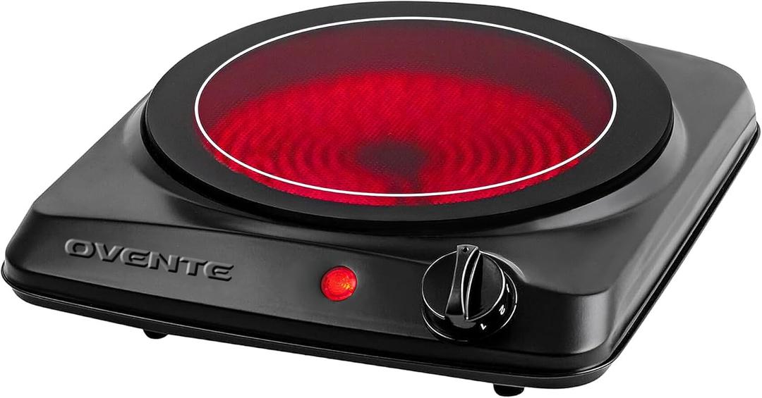 OVENTE Countertop Infrared Single Burner, 1000W Electric Hot Plate with 7 Ceramic Glass Cooktop, 5 Level Temperature Setting & Easy to Clean Base, Compact Stove for Home Dorm Office, Black BGI101B