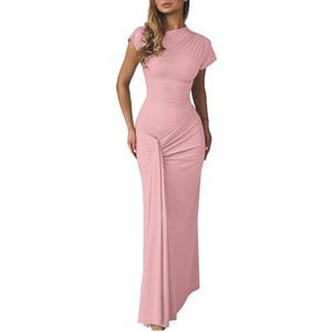 Mojessy Women Bodycon Maxi Dress Sexy Mock Neck Lace Up Bandage Ruched Short Sleeve Long Dress Cocktail Dress XL