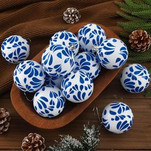 Poen 12 Pcs Mexican Christmas Ornaments 2.36 Inch Blue and White Talavera Mexican Ornament Talavera Christmas Tree Decor Plastic Shatterproof Ball Cielito Lindo Party Decor Hanging Xmas Hispanic Party