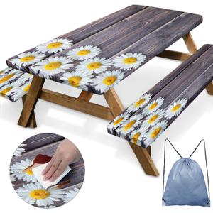 Picnic Table Cover with Bench Covers Elastic Edges, Chamomile Flower Fitted Table Cover, Outdoor Patio Camping Essentials 96 Inch 3PCS, Waterproof Camping Fitted Tablecloth with Drawstring Bag