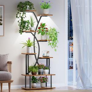 Plant Stand Indoor with Grow Lights - 8-Tier Indoor Plant Shelf, 68.11" Tall Lighted Corner Plant Stand, S-shaped Large Flower Holder for Living Room, Balcony & Patio (Dark Brown)