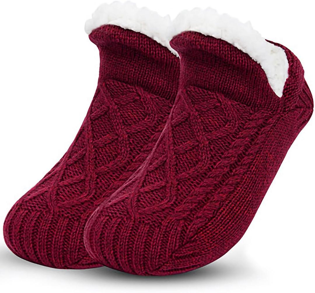 Unisex Fluffy Fuzzy Warm Slipper Socks for Men Women, Thick Fleece Lined Non-Slip Socks Indoor Floor (10.5-12.5 Women/9-11 Men, Burgundy)