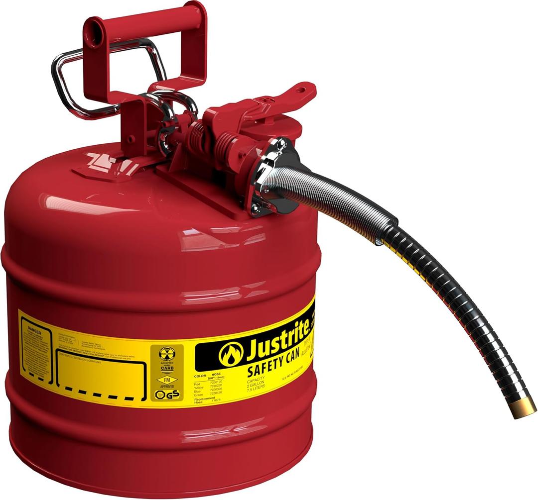 Justrite 2 Gallon Type II Red Safety Gas Can for Gasoline with Flame Arrester, Self-Closing Lid, and 5/8" Flexible Metal Spout, Made in the USA, Galvanized Steel Flammable Storage Can, 7220120