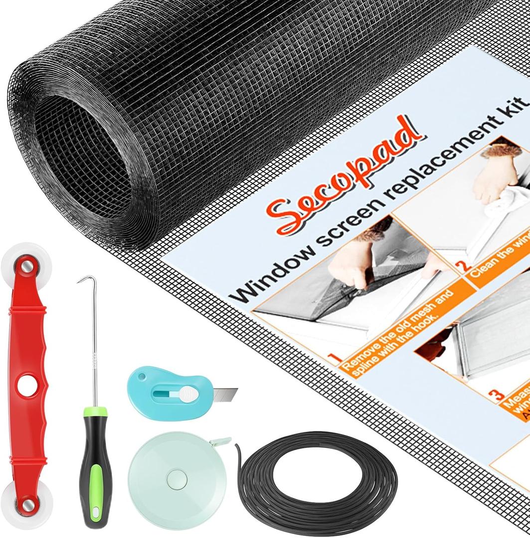 Secopad Window Screen and Screen Door Mesh Repair Kit, Black, 48in x 177in | Replacement Tools Kit, Easy to Install, Extra Large, Durable Fiberglass, Pet and Kid Friendly, For Window Door Patio & Porch