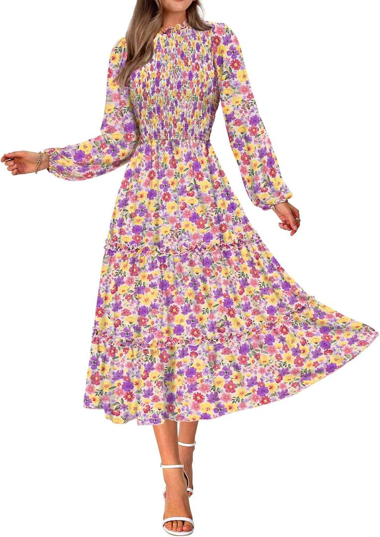 NOLLSOM Women 2026 Spring Dress Floral Boho Dress Casual Long Sleeve Crew Neck Ruffle A-Line Flowy Wedding Guest Maxi Dresses (L)