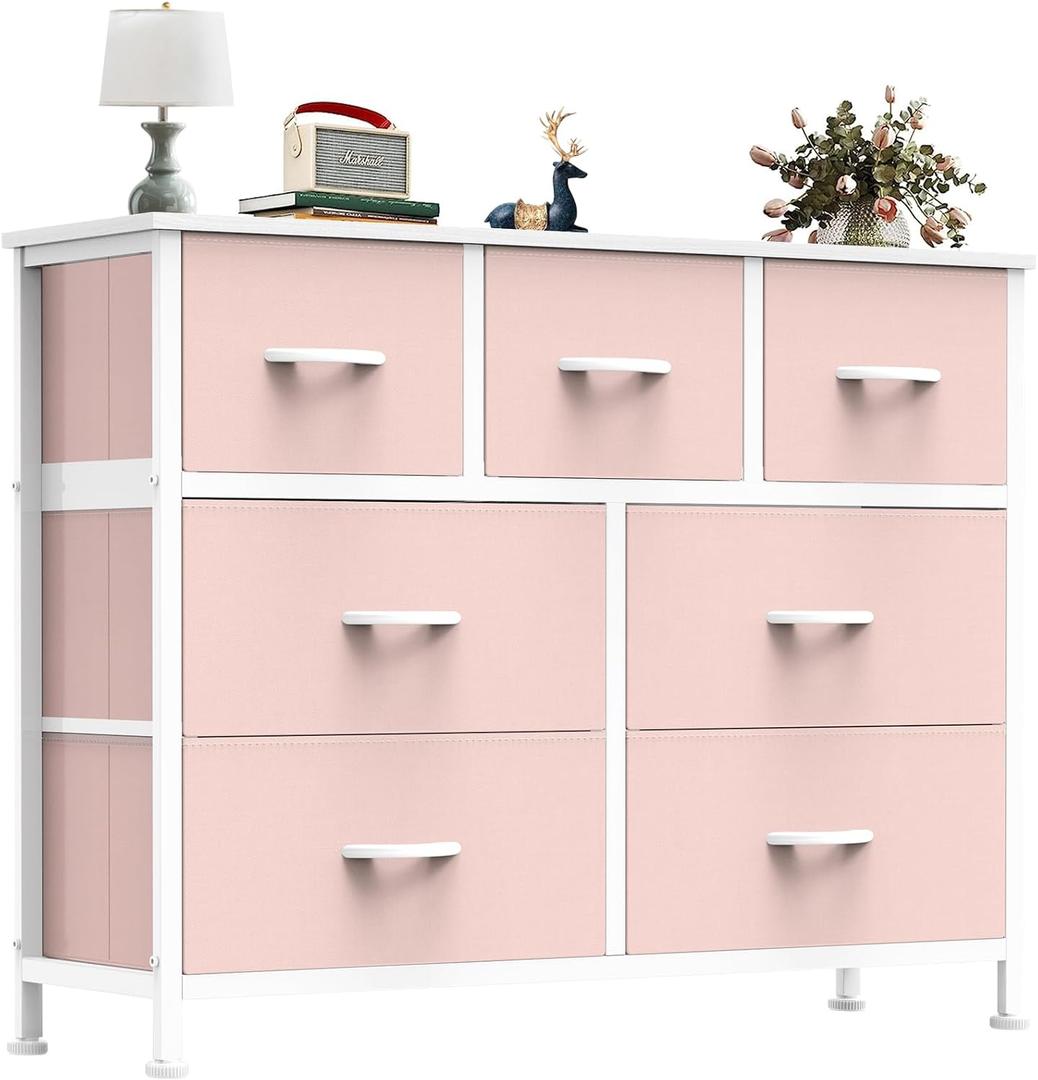 OLIXIS 7 Drawers Dresser for Bedroom, Fabric Storage Tower for Living Room, Entryway - Sturdy Steel Frame, Wooden Top and Easy Pull Fabric Bins, Closet Chests Organizer for Clothes,Pink