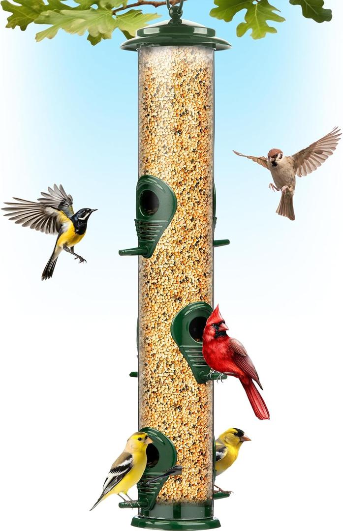 Bird Feeders for Outdoors (Green) Squirrel Proof Hanging Bird Feeder with Locking Lid & Adjustable Hanger, Chew-Proof, Weather Resistant 16 Inches 6 Port (6 Ports)