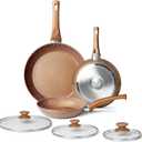 Healthy Nonstick Granite Cookware Set - 3 Pcs, Induction Skillets With Lids, PFOA Free, No Toxic Egg Omelette Frying Pan (Gold-8Inch+9.5Inch+11Inch With Lid)