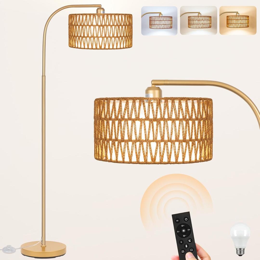 Brilvibera Gold Floor Lamps Boho Floor Lamp for Room, Rattan Standing Lamps with Dimmable Bulb, Adjustable 2in1 Lampshades Arc Floor Lamp Over Couch Lamps for Living Room, Bedroom, Office (Cylinder-Gold)