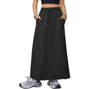 SOFIA'S CHOICE Women's Drawstring Maxi Skirt with Pockets High Waist A Line Long Skirts Black Small (Black, S)