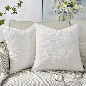 Booque Valley Decorative Pillow Covers Set of 2 Soft and Plush Textured Velvet Boho Modern White Pillows Throw Pillowcases for Livingroom Home Decor 18x18 Inch, Ivory