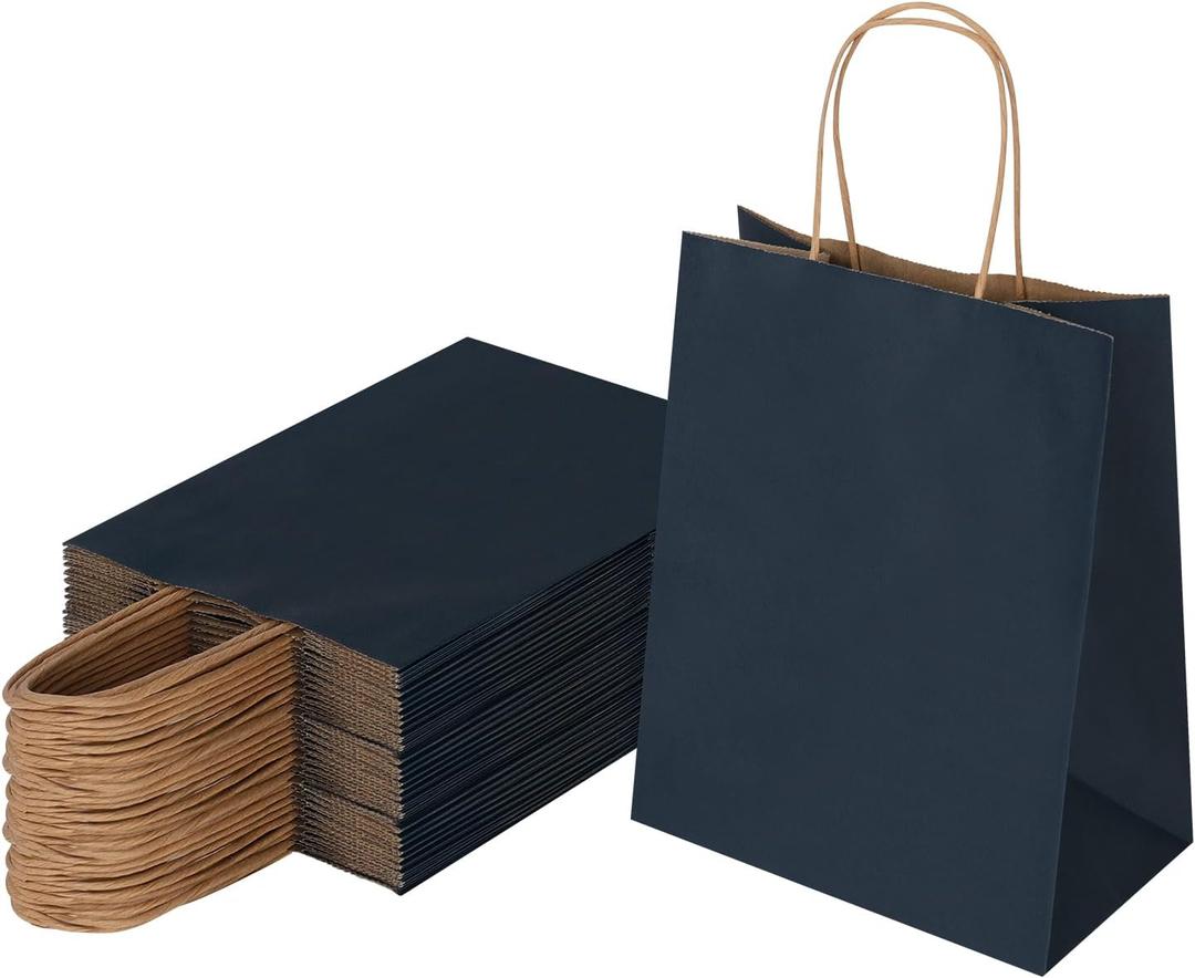 Joybe 50 Pack 8x4.75x10 Inch Medium Navy Blue Kraft Paper Bags with Handles Bulk, Craft Paper Gift Bags for Party Favors Grocery Retail Shopping Business Goody Merchandise Take Out Blank Sacks (50pcs)