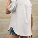 Cicy Bell Womens Puff Short Sleeve Button Down Shirts Summer Casual Collared V Neck Blouse Linen Loose Fit Work Tops (White, L)