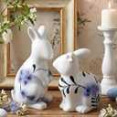 Simgoing 2 Pack Easter Bunny Figurines Chinoiserie Blue White Floral Rabbit Tabletop Decorations Resin Toile De Jouy Rabbit Bunny Statues Happy Easter Vintage Table Decor for Spring Home Centerpieces
