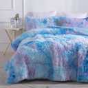 Wajade Faux Fur Plush Galaxy Blue Comforter Set Fluffy Fuzzy Shaggy Bedding Set - 3PC Full Size Microfiber Soft Warm Quilt Set