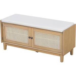 Amposei Boho Rustic Rattan Storage Bench 43 Wooden Entryway Shoe Organizer Bench with Cushion for Living Room Hallway Entrance, Brown