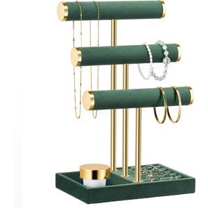 3 Tier Bracelet Holder Display - Detachable T Bar Dark Green Velvet Bracelet Holder, Jewelry Holder Organizer for Bracelet, Necklace, Watches, Rings