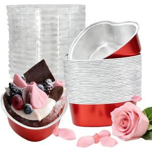 Heart Shaped Cake Pans, 30 Count Disposable Aluminum Foil Baking Tins with Lids - 3.4 Oz Mini Heart Muffin Pans for Cupcakes, Valentine's Day, Mother's Day, Wedding, Christmas (Red)
