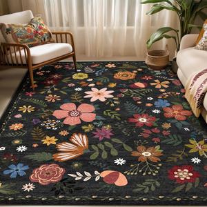 Washable Area Rugs, Floral Rug, Large Carpet for Living Room Bedroom,8'x 10',Black