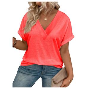 SOLY HUX Women's Plus Size V Neck Short Sleeve T-Shirts Basic Tees Casual Summer Tops Solid Orange X-Large Plus (Red, XL)