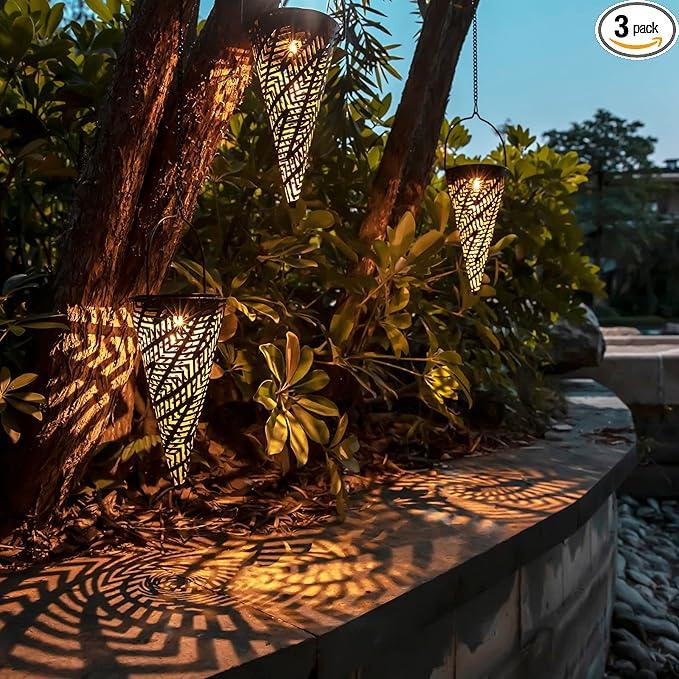 Outdoor Decorative Solar Hanging Lights with Delicate Hollow Conical Lantern Design - Set of 3 Chandelier for Patio, Tree, Garden, Yard, Porch, Backyard Pathway and Christmas Decoration. Outdoor Decorative Solar Hanging Lights with Delicate Hollow Conical Lantern Design - Set of 3 Chandelier for Patio, Tree, Garden, Yard, Porch, Backyard Pathway and Christmas Decoration.