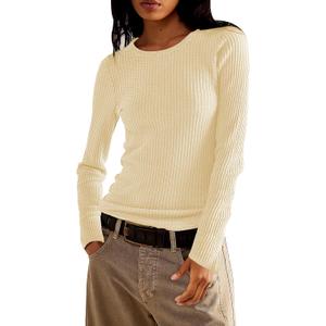 Jar of Love Long Sleeve Shirts for Women Waffle Knit Tops Crew Neck Thermal Shirts Fall Outfits Fahsion Clothes (Beige, L)