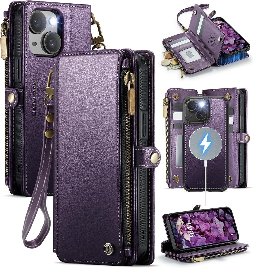 Defencase for iPhone 15 Magnetic Wallet Case Compatible with Magsafe with RFID Blocking Zipper & Card Holder for Women Men, PU Leather Strap Detachable Phone Case for iPhone 15 (6.1 inches), Purple
