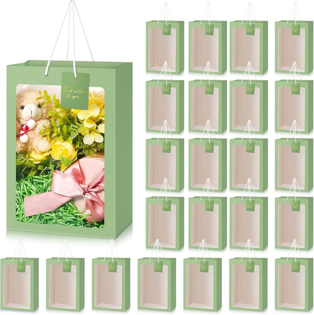 Yahenda 24 Pcs Gift Bags with Clear Window for Mother's Day 13.8 x 9.8 x 5.9 Large Transparent Paper Flower Bouquet Bags Totes with Handle for Graduation Wedding Birthday(Sage Green)
