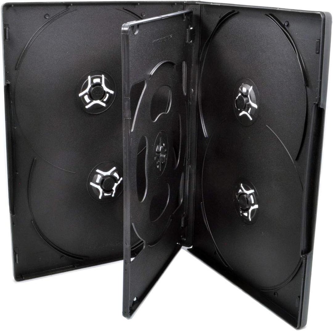 25 Pack Maxtek Standard 14mm Black Six (6) Disc DVD Cases with Double Sided Flip Tray and Outter Clear Sleeve