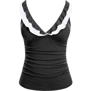 Yonique Women's Tankini Top Only Tummy Control Bathing Suit Top Ruffle Swimsuit Top V Neck Swim Tank Top No Bottom, L