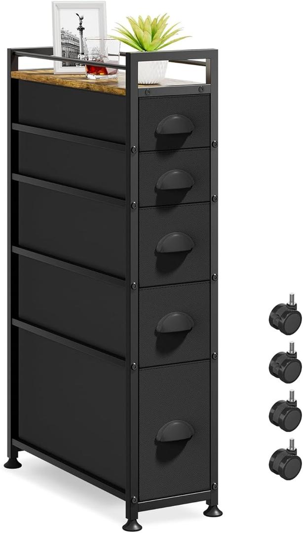 LASZOLA 5 Drawer Narrow Dresser Slim Cabinet Skinny Storage Tower Chest, Ideal for Small Spaces Bathroom Bedroom, Between Washer and Dryer, Lightweight Mobile on Wheels,Fabric Drawers, Black