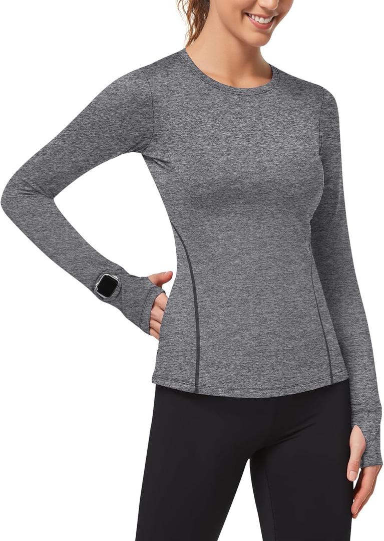 Loovoo Thermal Shirts for Women Long Sleeve Workout Tops Crewneck Fleece Base Layer Running Athletic Tee with Zipper Pocket (Medium, 2-light Grey)