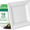 Square Paper Plates 10 Inch [100-Pack] Compostable Eco Friendly Disposable Plates Heavy Duty, Biodegradable Recycled Bagasse Plates, Large Paper Dinner Plates, Sturdy White 10" Plate