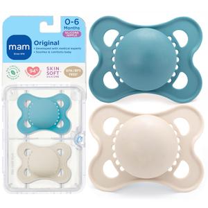MAM Original Matte Baby Pacifiers 0-6 Months, Binky for Newborn Babies, BPA-Free Skin Soft Silicone Nipple, Easy to Clean, Developed with Medical Experts, 2 Count, With Sterilizer Case, Made in Europe (Blue Teal/Cotton)