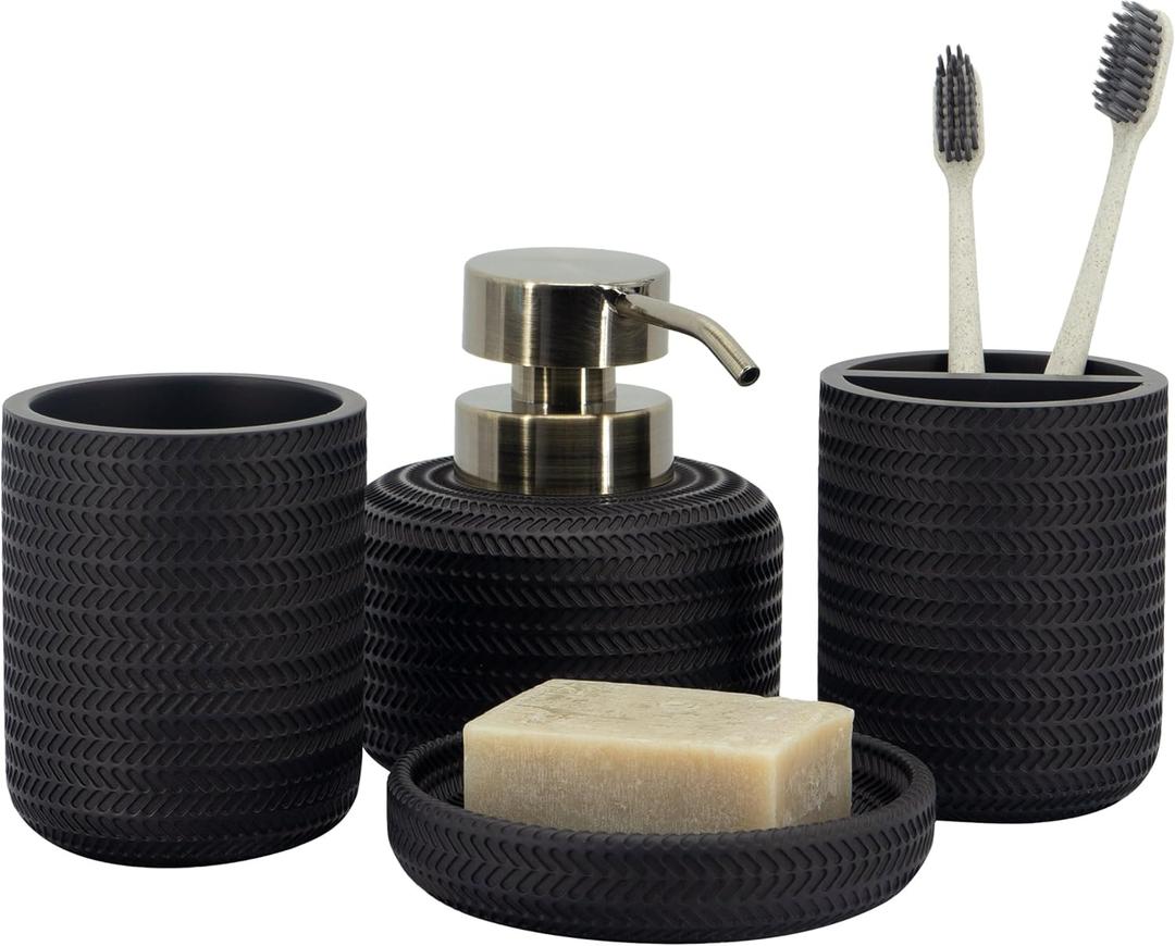 ZCCZ Black Bathroom Accessories Set 4 Pcs - Toothbrush Holder, Soap Dispenser, Vanity Tray, Tumbler - Countertop Organizer for Bathroom - Modern Accessory Set for Home Decor and Storage (Black 4pcs)
